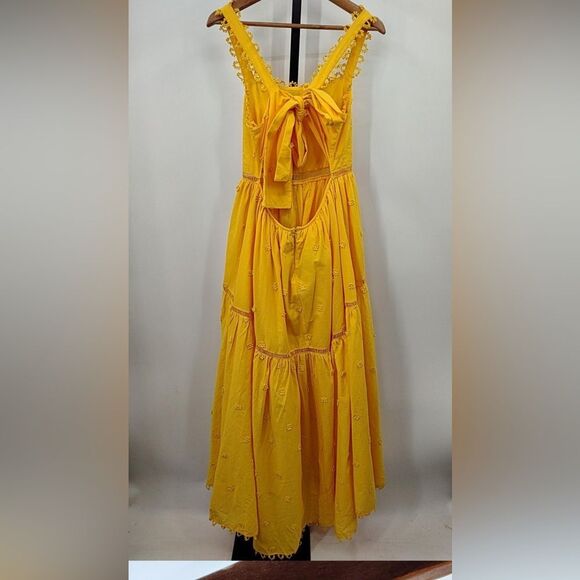 Farm Rio Yellow 3D Flowers Cotton Maxi Dress Crochet Embroidery Size M - Picture 12 of 13